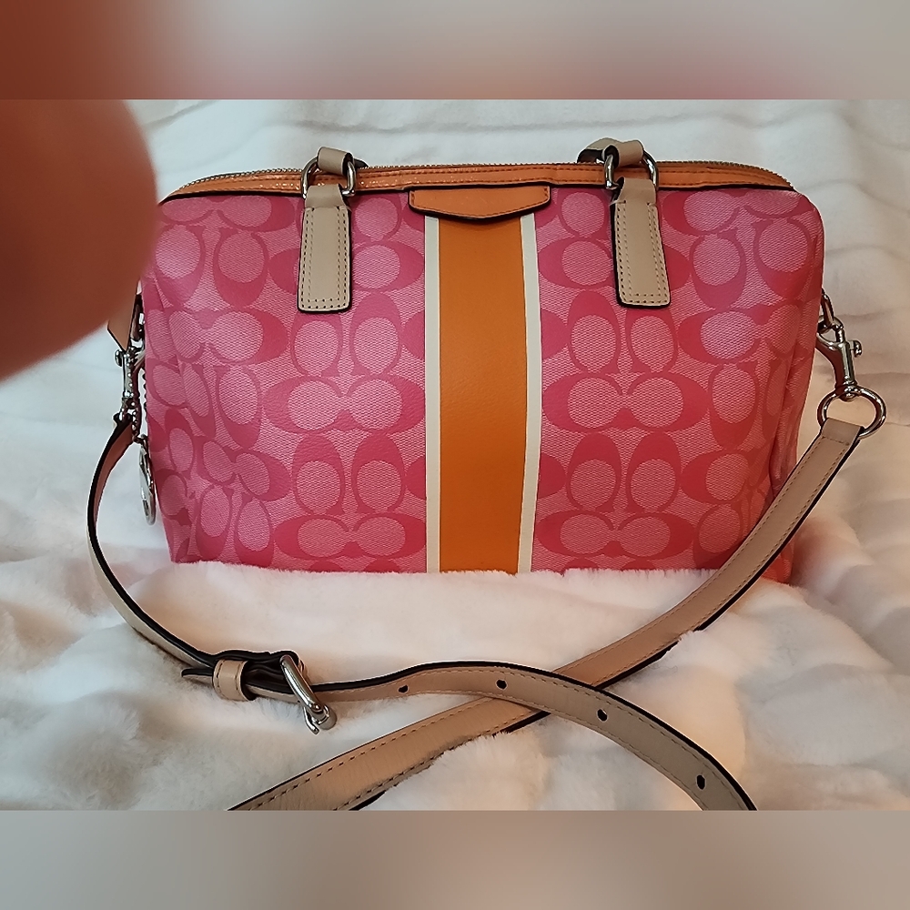 COACH SIGNATURE STRIPE NANCY SATCHEL/PINK /ORANGE